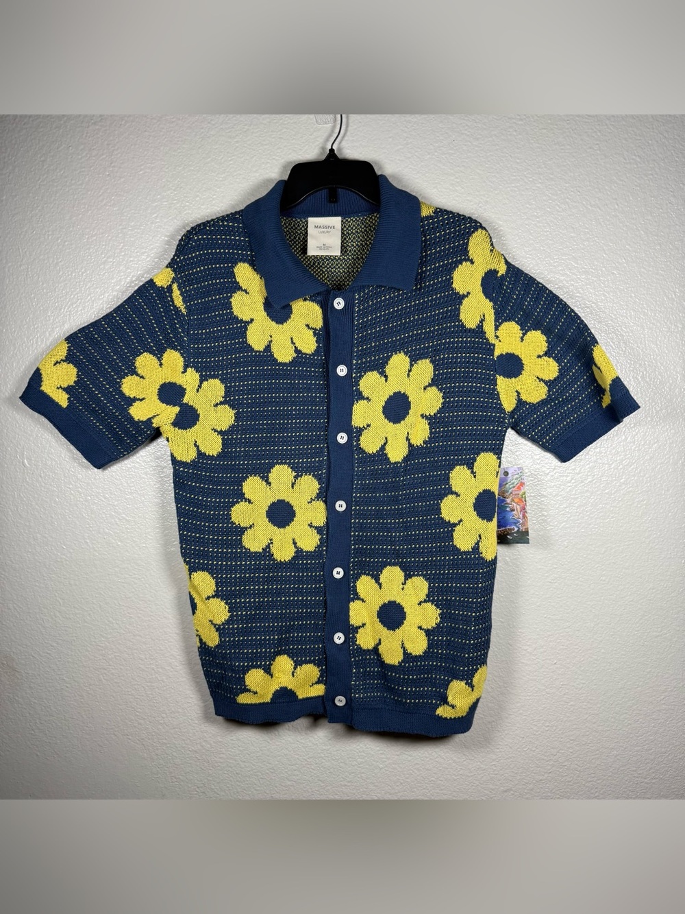 Massive Luxury knit crochet Navy Blue & Yellow Floral Knit Polo SZ:M